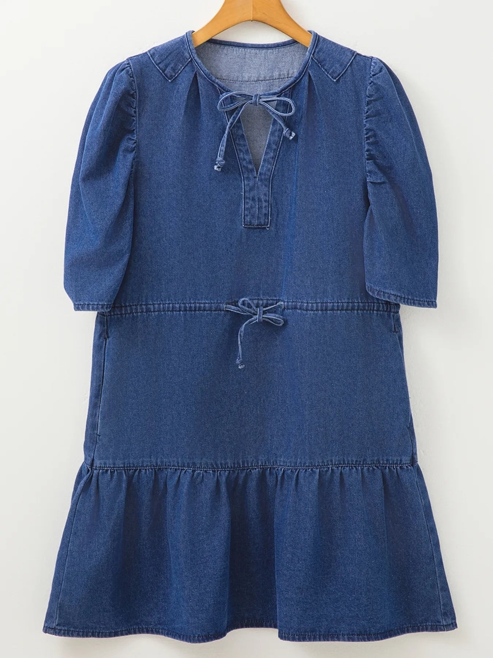 Classic Dark Blue Denim Midi Dress with Tie Details Large Nwt
